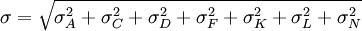 \sigma=\sqrt{\sigma^2_A+\sigma^2_C+\sigma^2_D+\sigma^2_F+\sigma^2_K+\sigma^2_L+\sigma^2_N}