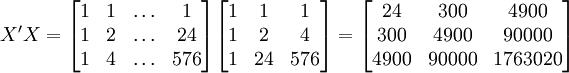 X^\prime X=\begin{bmatrix}1&1&\ldots&1\\1&2&\ldots&24\\1&4&\ldots&576\end{bmatrix} \begin{bmatrix}1&1&1\\1&2&4\\1&24&576\end{bmatrix}=\begin{bmatrix}24&300&4900\\300&4900&90000\\4900&90000&1763020\end{bmatrix}