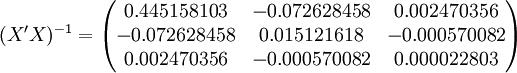 (X^\prime X)^{-1}=\begin{pmatrix} 0.445158103 & -0.072628458 & 0.002470356 \\ -0.072628458 & 0.015121618 & -0.000570082 \\ 0.002470356 & -0.000570082 & 0.000022803 \end{pmatrix}