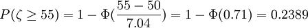 P(\zeta\ge55)=1-\Phi(\frac{55-50}{7.04})=1-\Phi(0.71)=0.2389
