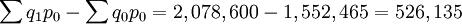 \sum q_1p_0-\sum q_0p_0=2,078,600-1,552,465=526,135