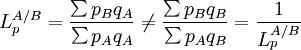 L_p^{A/B}=\frac{\sum p_Bq_A}{\sum p_Aq_A}\ne\frac{\sum p_Bq_B}{\sum p_Aq_B}=\frac{1}{L_p^{A/B}}