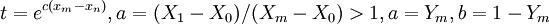 t=e^{c(x_m-x_n)},a=(X_1-X_0)/(X_m-X_0)>1,a=Y_m,b=1-Y_m