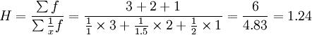 H=\frac{\sum f}{\sum\frac{1}{x}f}=\frac{3+2+1}{\frac{1}{1}\times3+\frac{1}{1.5}\times2+\frac{1}{2}\times1}=\frac{6}{4.83}=1.24