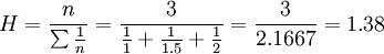 H=\frac{n}{\sum\frac{1}{n}}=\frac{3}{\frac{1}{1}+\frac{1}{1.5}+\frac{1}{2}}=\frac{3}{2.1667}=1.38