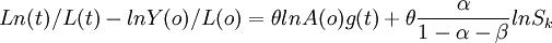 Ln(t)/L(t)-lnY(o)/L(o)=\theta lnA(o)g(t)+\theta\frac{\alpha}{1-\alpha-\beta}lnS_k