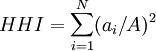 HHI=\sum_{i=1}^N(a_i/A)^2