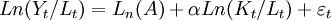 Ln ( Y_t/L_t ) = L_n(A) + \alpha Ln ( K_t/L_t ) +\varepsilon_t