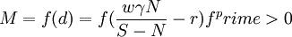 M=f(d)=f(\frac{w\gamma N}{S-N}-r)f^prime>0
