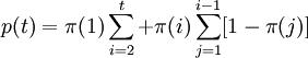 p(t)=\pi(1)\sum_{i=2}^t+\pi(i)\sum_{j=1}^{i-1}
